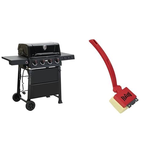 4-Burner Gas Grill with Side Tables, 36,000 BTU, Black + Bristle Free Grill Brush with Scraper V18250