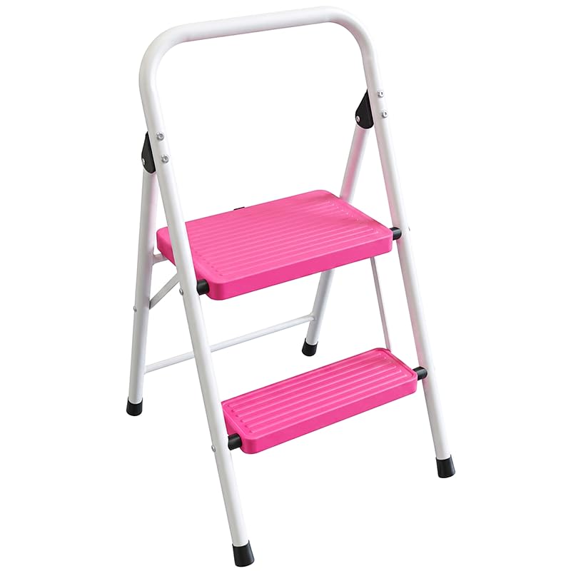 2 Step Stool Folding Anti-Slip Lightweight Steel 330LBS Pink P285833