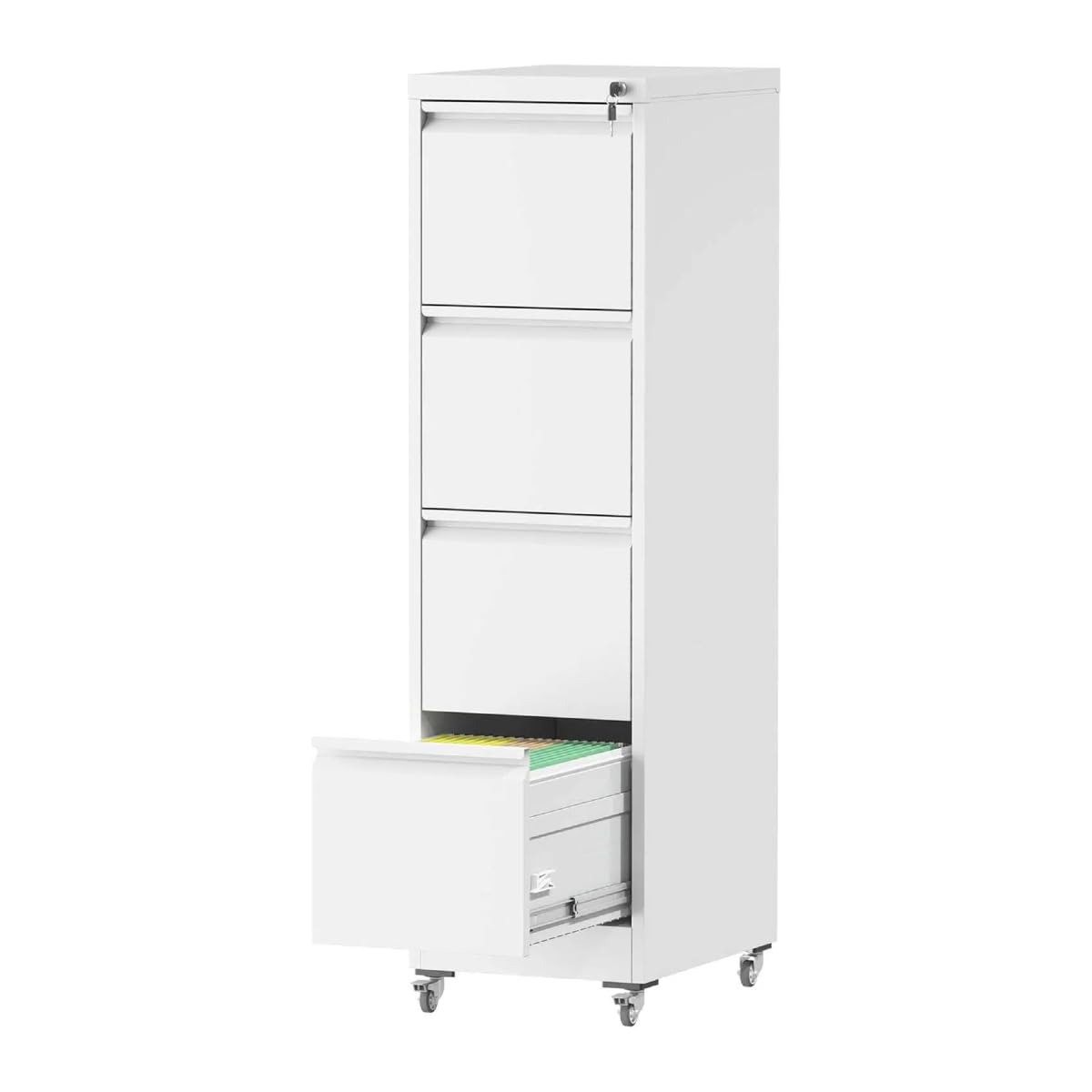 White 4 Drawer Metal File Cabinet with Wheels S93142