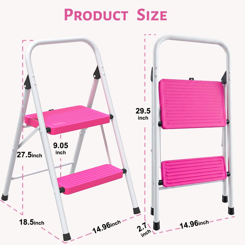 2 Step Stool Folding Anti-Slip Lightweight Steel 330LBS Pink P285833