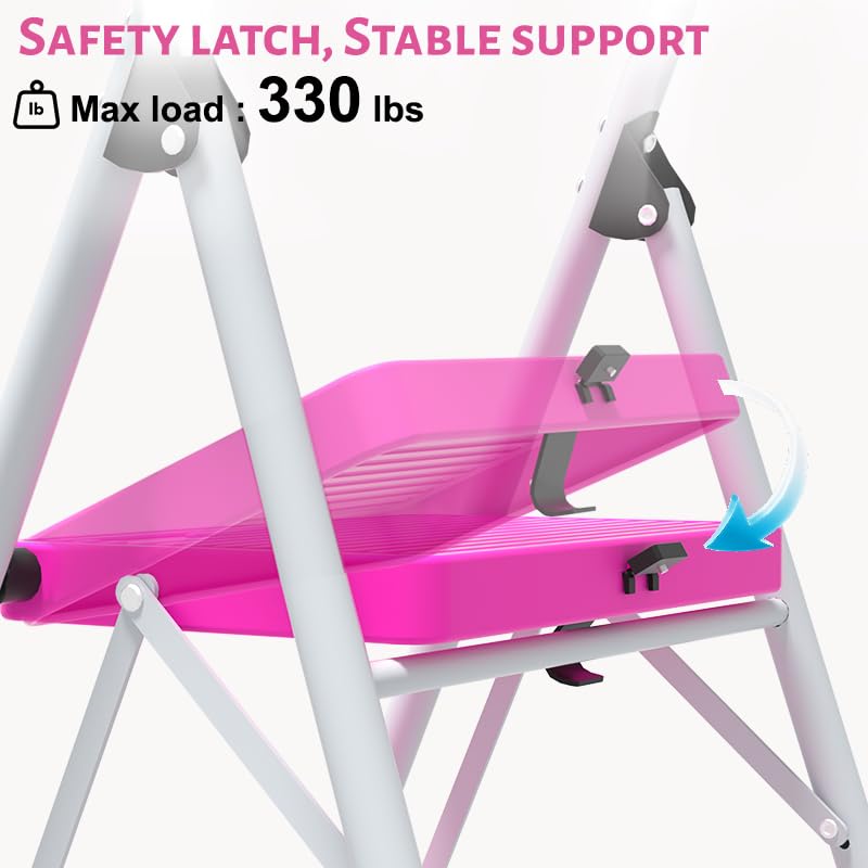 2 Step Stool Folding Anti-Slip Lightweight Steel 330LBS Pink P285833