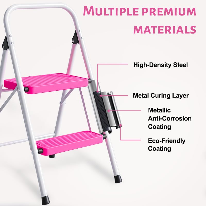 2 Step Stool Folding Anti-Slip Lightweight Steel 330LBS Pink P285833