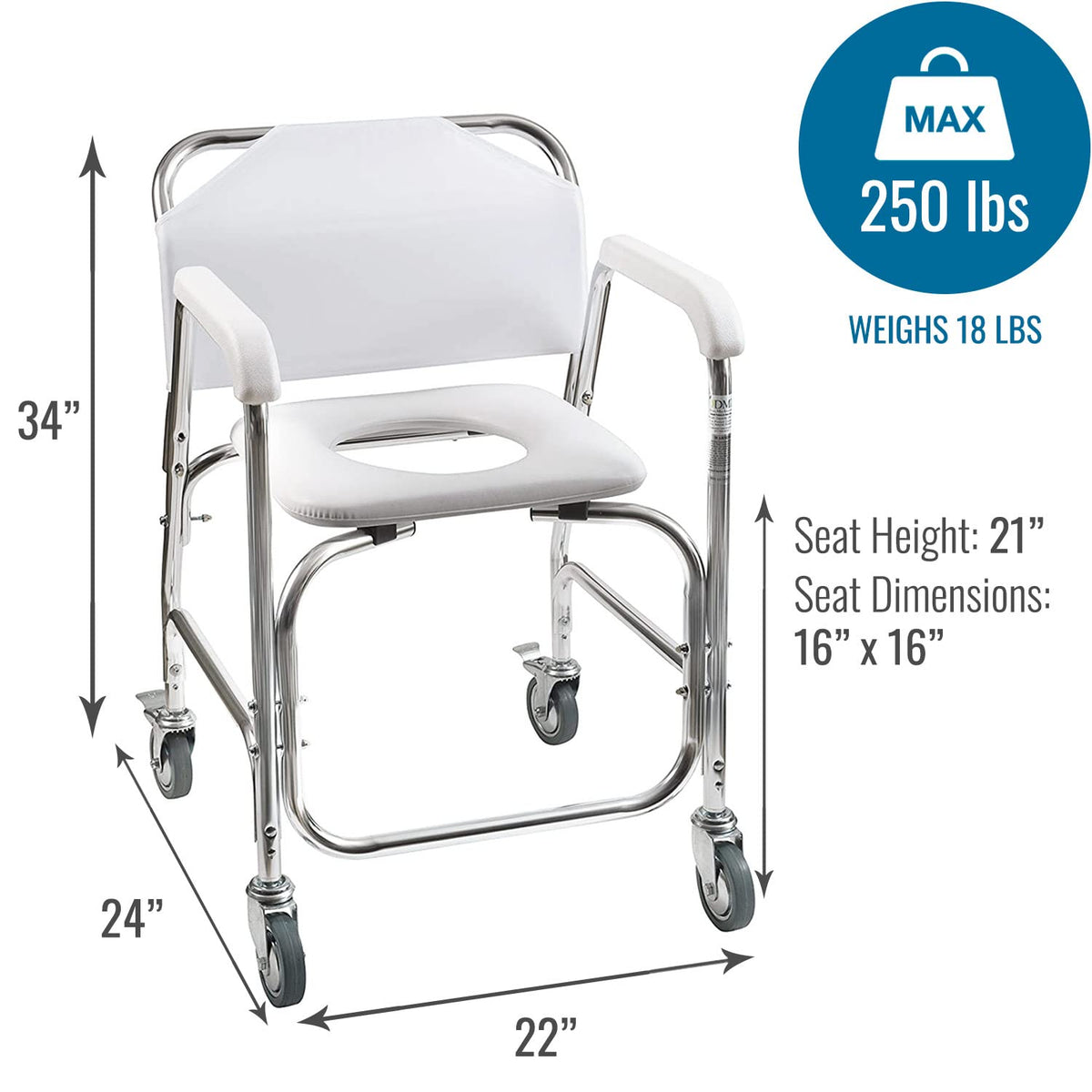 Rolling Shower Commode Chair Aluminum Frame White 250 Lb. Weight Capacity N810