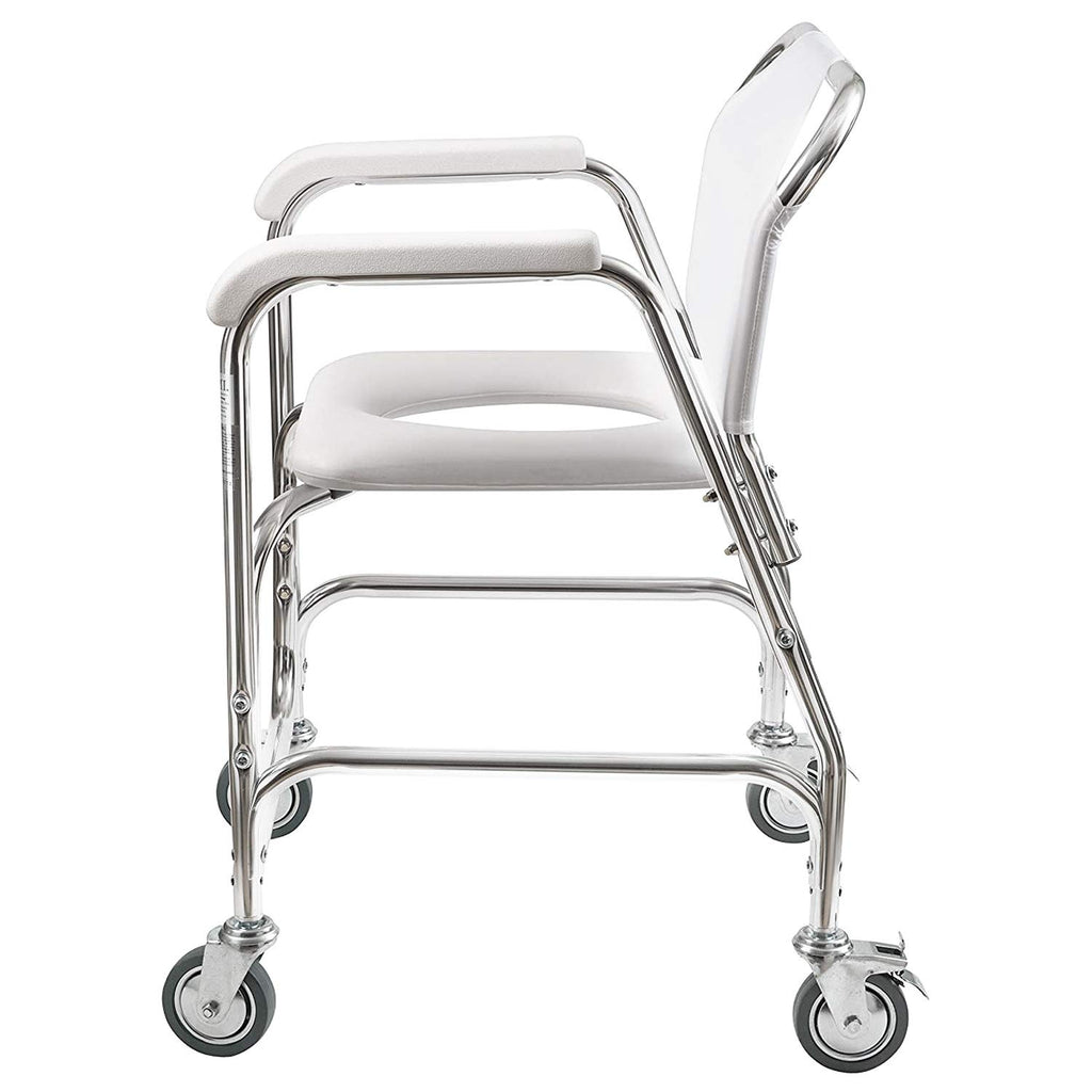 Rolling Shower Commode Chair Aluminum Frame White 250 Lb. Weight Capacity N810
