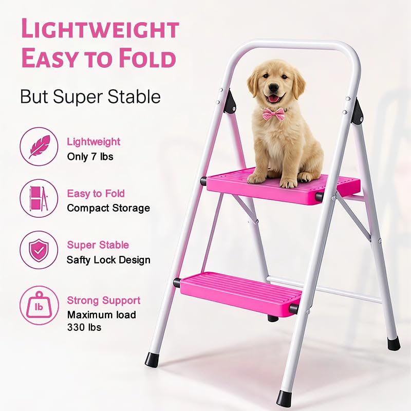 2 Step Stool Folding Anti-Slip Lightweight Steel 330LBS Pink P285833