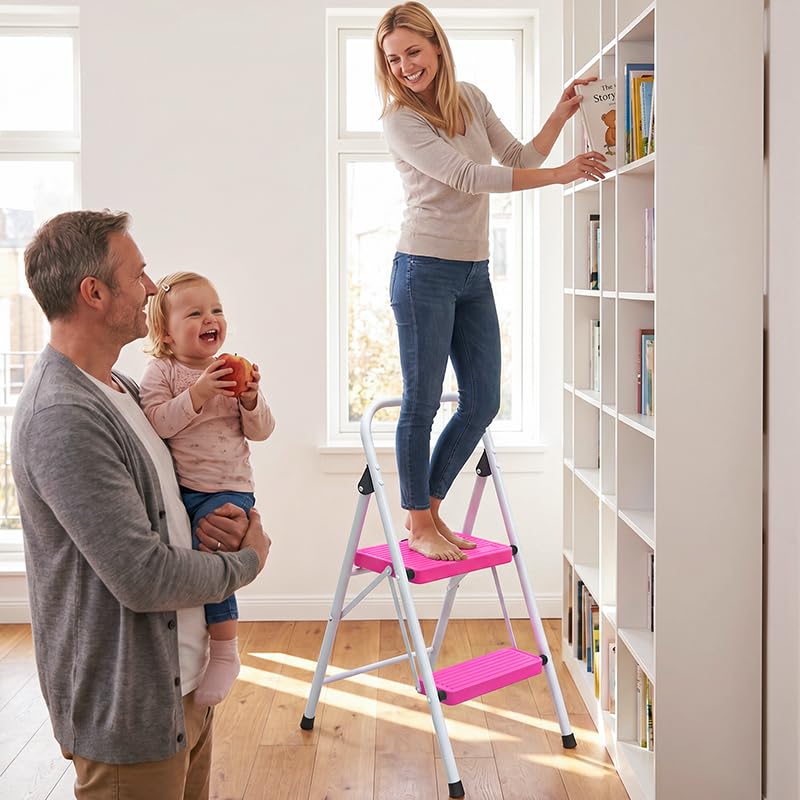 2 Step Stool Folding Anti-Slip Lightweight Steel 330LBS Pink P285833