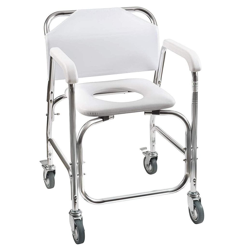 Rolling Shower Commode Chair Aluminum Frame White 250 Lb. Weight Capacity N810