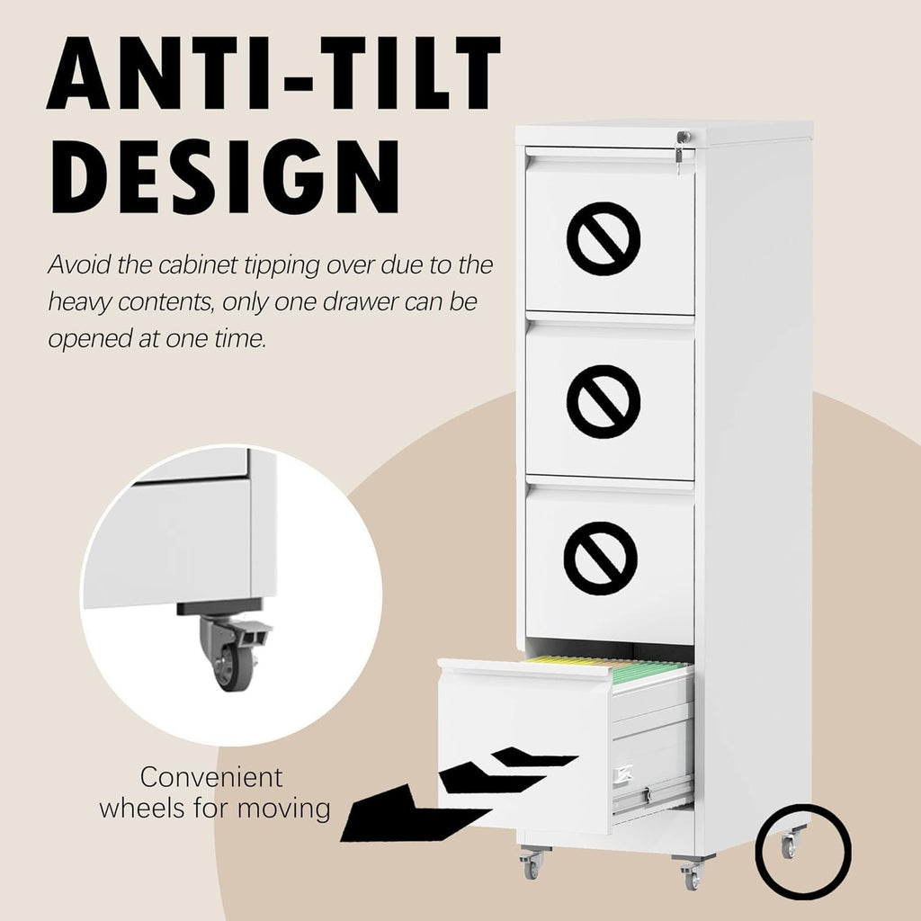 White 4 Drawer Metal File Cabinet with Wheels S93142
