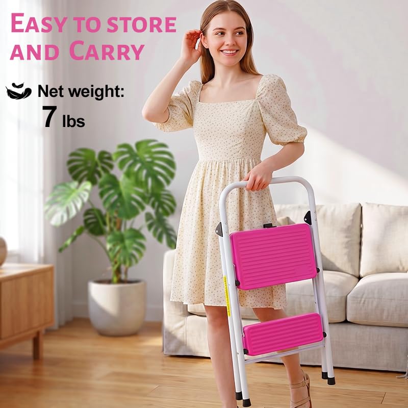 2 Step Stool Folding Anti-Slip Lightweight Steel 330LBS Pink P285833