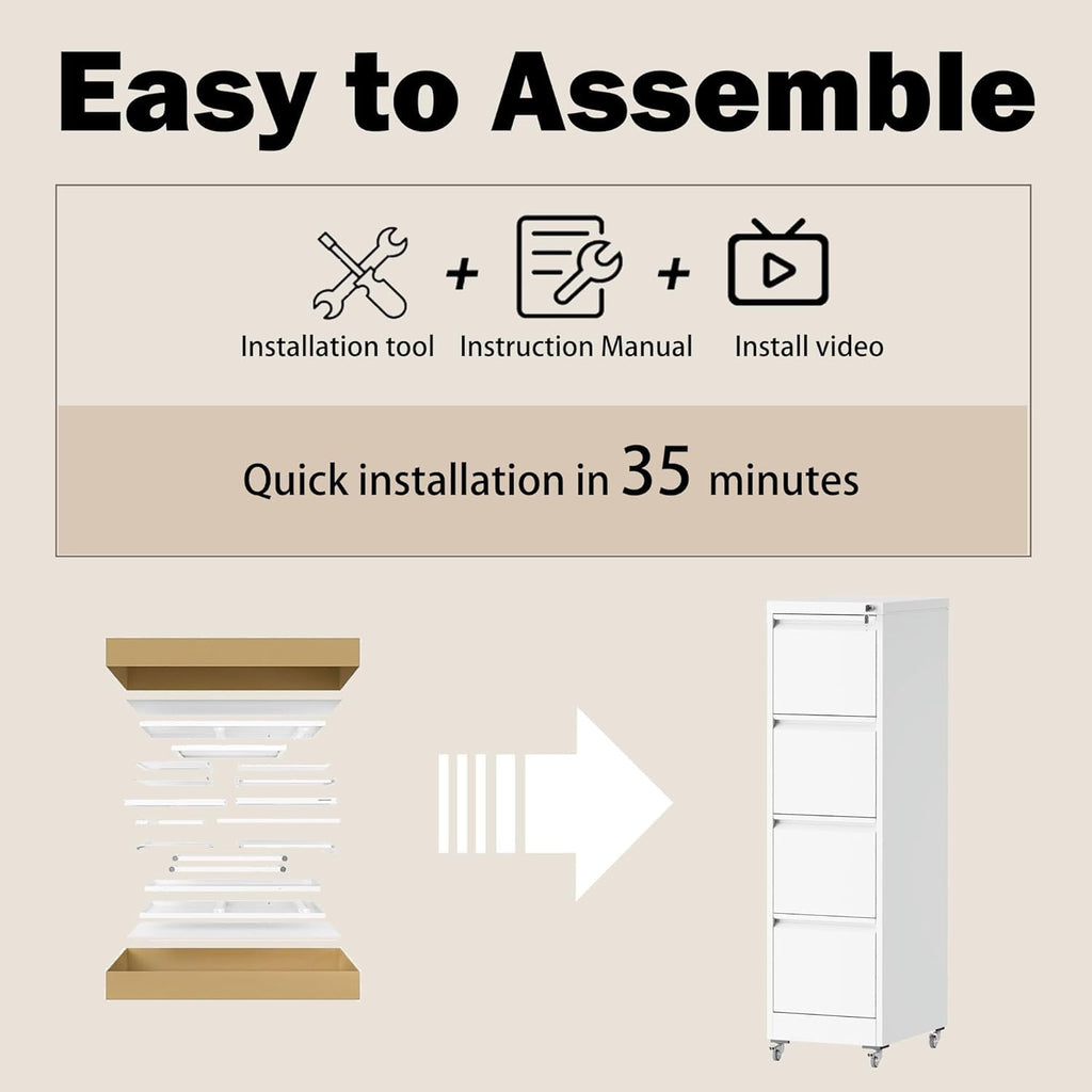 White 4 Drawer Metal File Cabinet with Wheels S93142