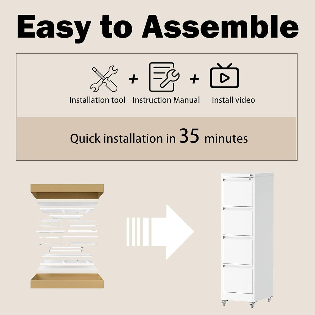 White 4 Drawer Metal File Cabinet with Wheels S93142