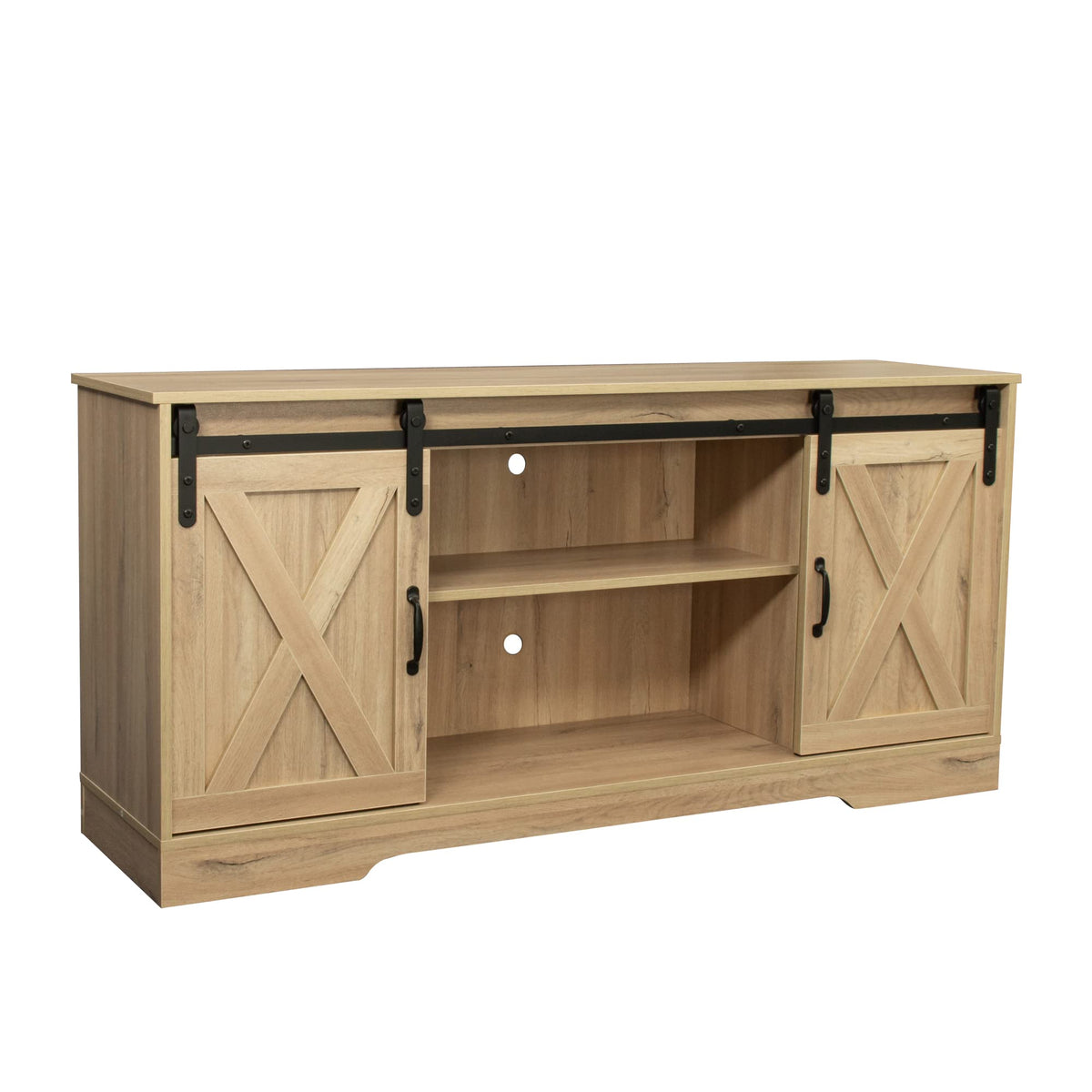 Rustic Oak Wood TV Stand with Sliding Barn Door D331