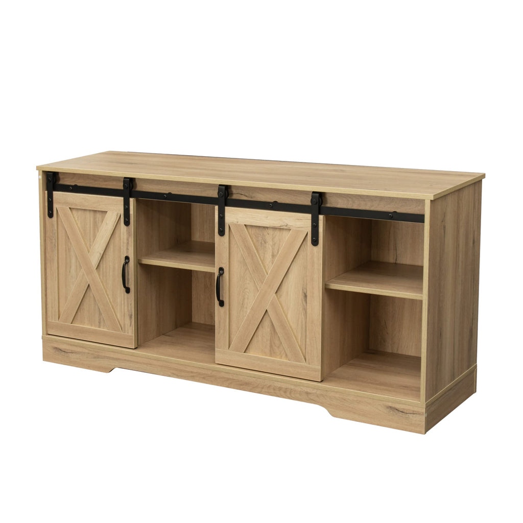 Rustic Oak Wood TV Stand with Sliding Barn Door D331
