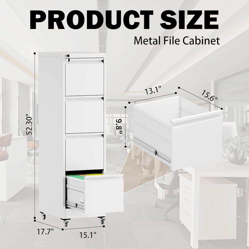 White 4 Drawer Metal File Cabinet with Wheels S93142