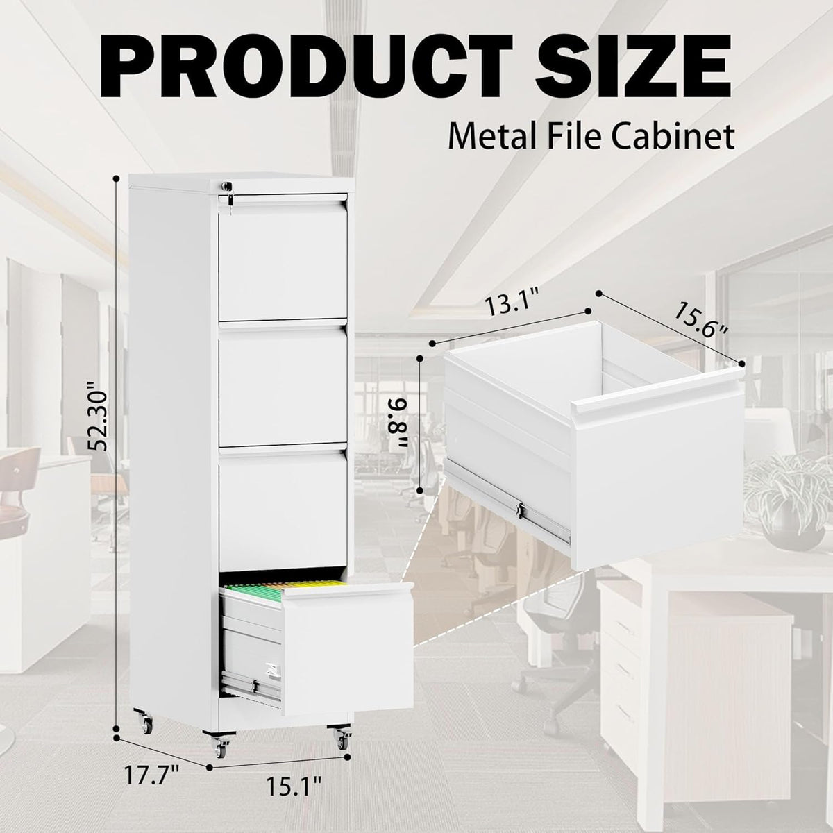 White 4 Drawer Metal File Cabinet with Wheels S93142