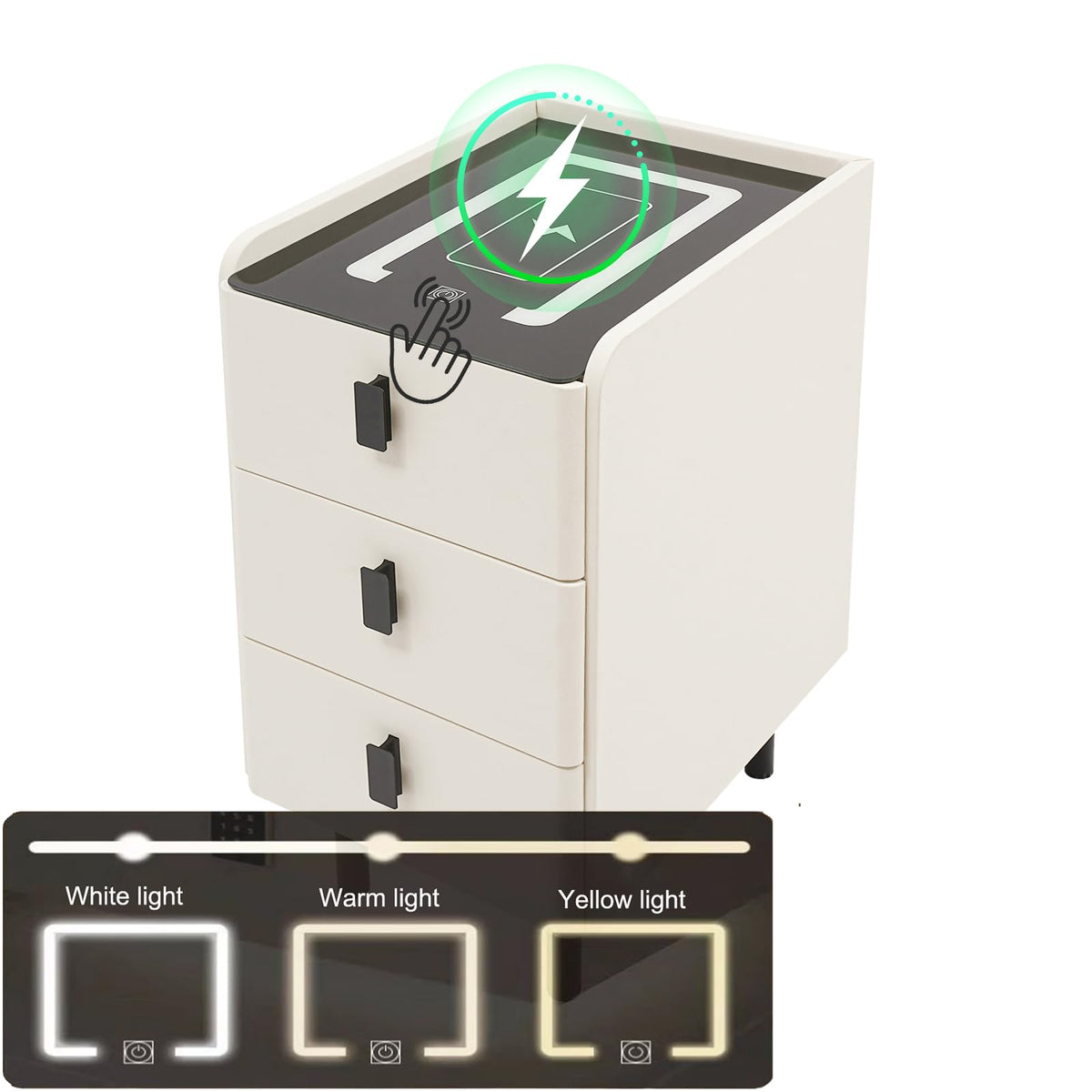 White Smart Nightstand with Wireless Charging Station & Adjustable LED Lights, 3 Drawers O810