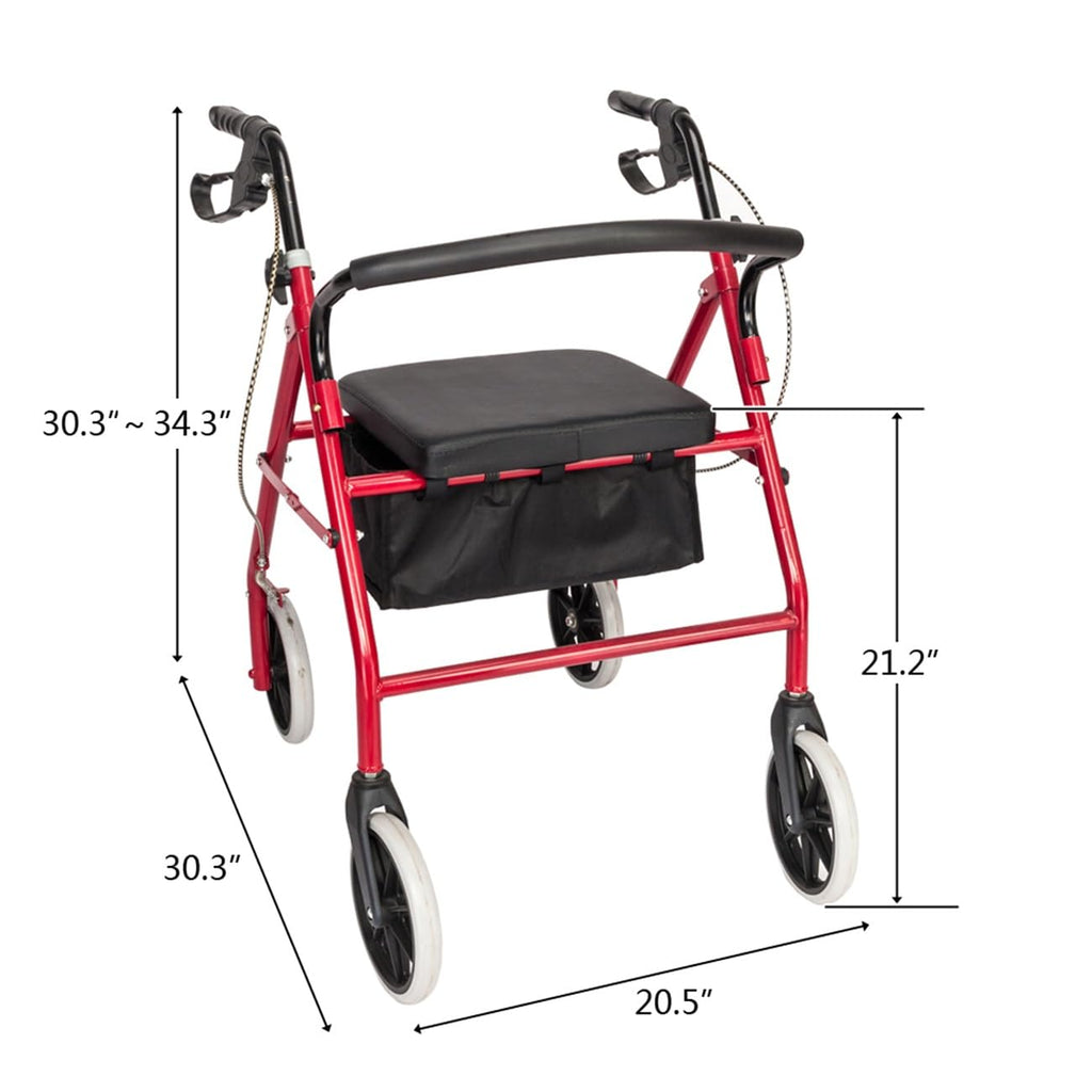 Foldable Rollator Walker with Seat & Wheels, Height Adjustable, 286lbs Weight Capacity, Red L165