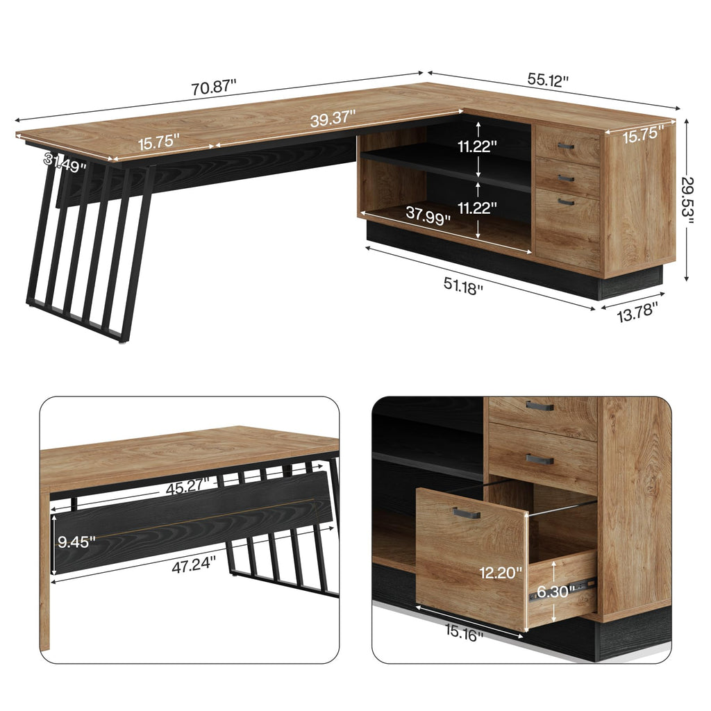 71-Inch L-Shaped Executive Desk with Cabinet L3821