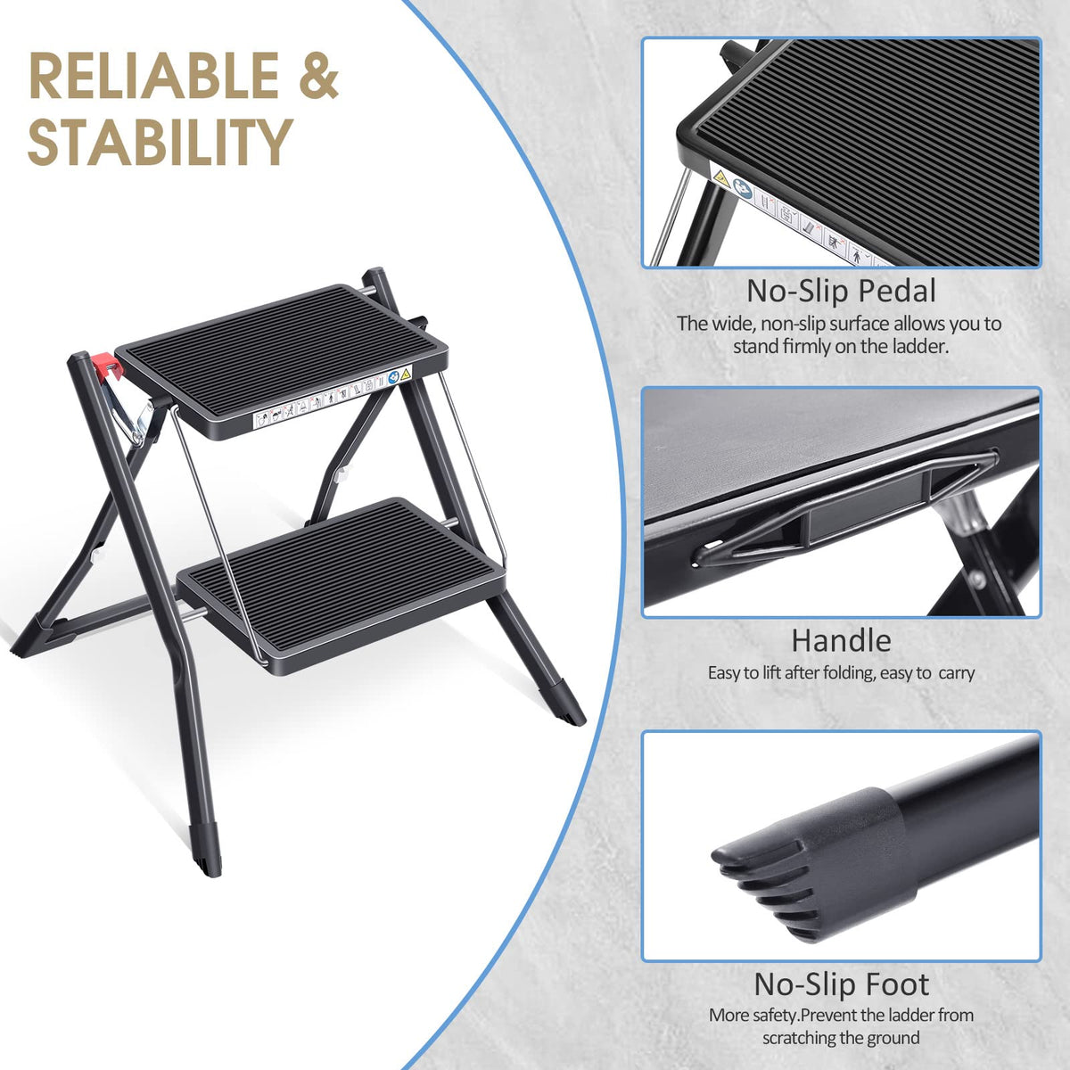 Folding Step Ladder, 2 Step Step Stool with Handle, Black X532