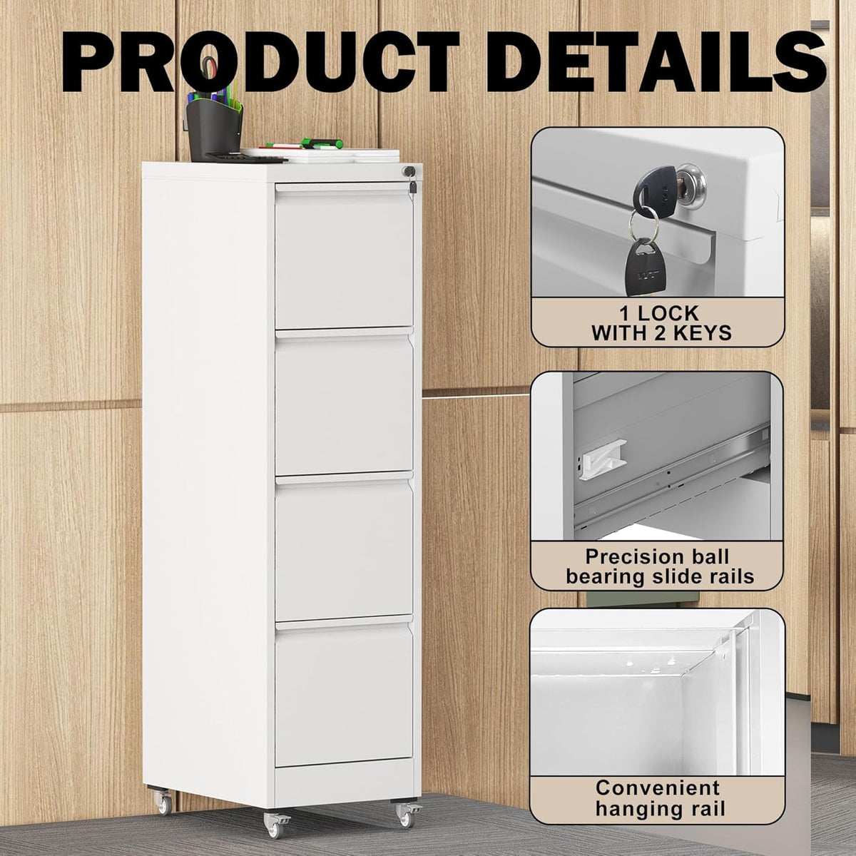 White 4 Drawer Metal File Cabinet with Wheels S93142