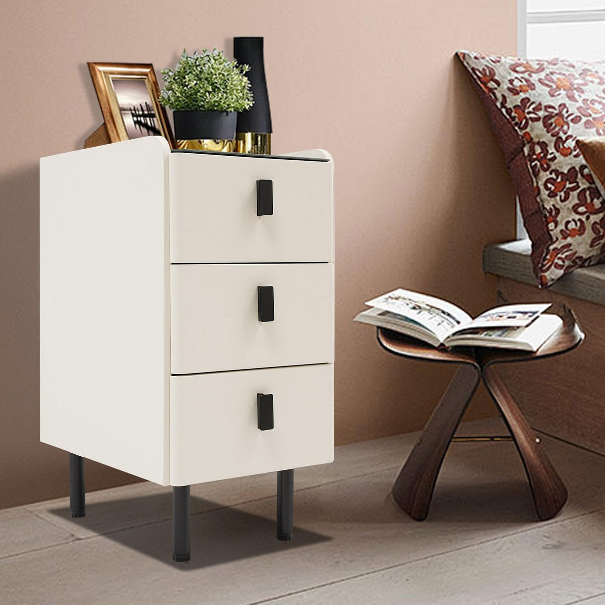White Smart Nightstand with Wireless Charging Station & Adjustable LED Lights, 3 Drawers O810