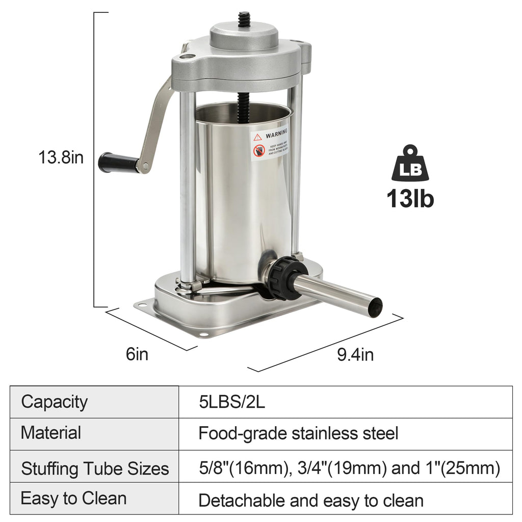 5lb Stainless Steel Sausage Stuffer with 3 Stuffing Tubes P333888