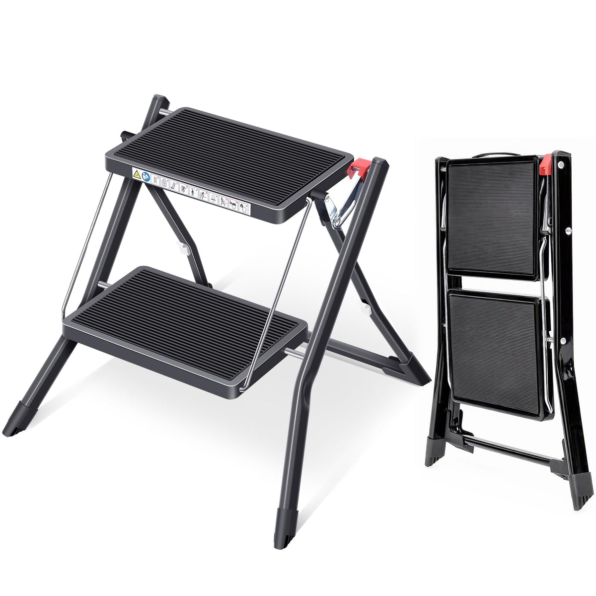 Folding Step Ladder, 2 Step Step Stool with Handle, Black X532