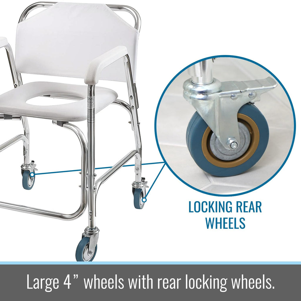 Rolling Shower Commode Chair Aluminum Frame White 250 Lb. Weight Capacity N810