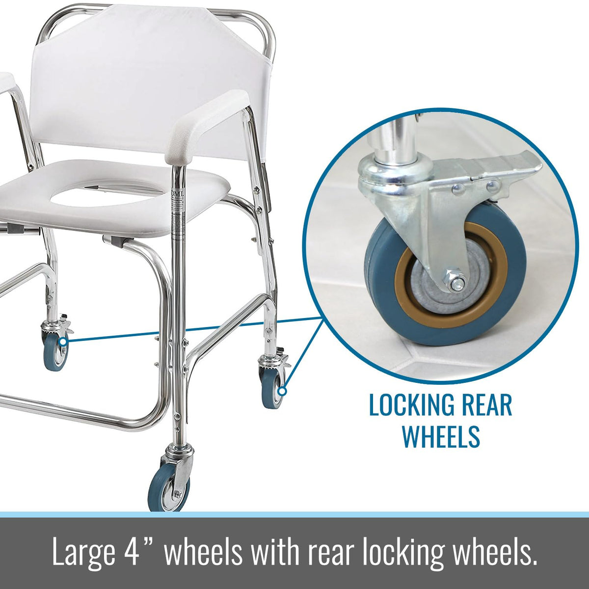Rolling Shower Commode Chair Aluminum Frame White 250 Lb. Weight Capacity N810