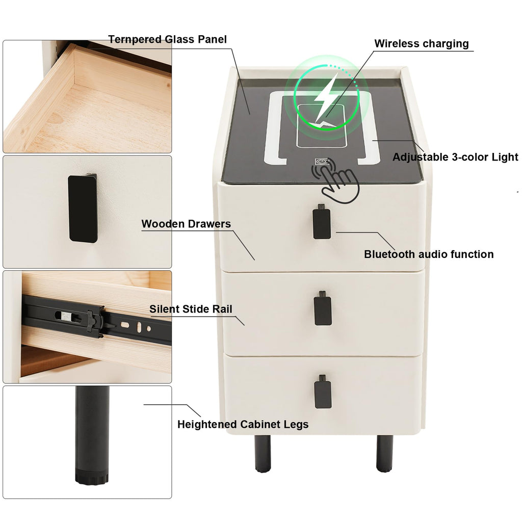 White Smart Nightstand with Wireless Charging Station & Adjustable LED Lights, 3 Drawers O810