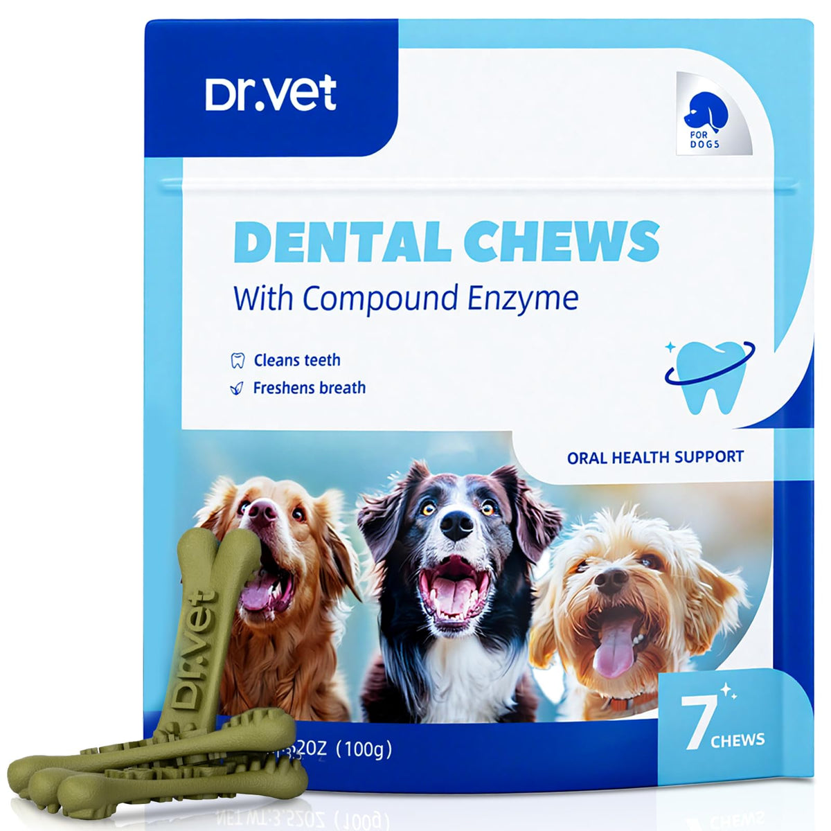 Dog Dental Chews, Plaque and Tartar Control, 7 Sticks O663