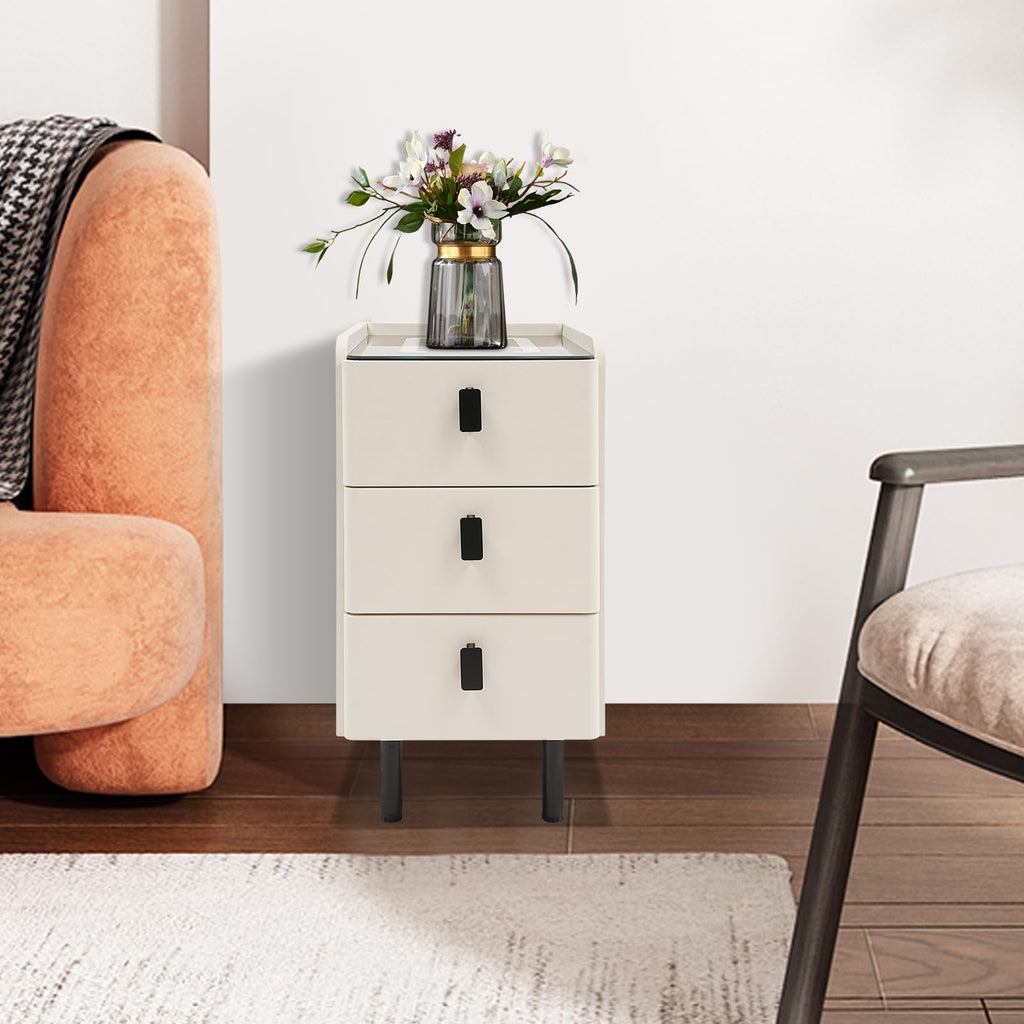 White Smart Nightstand with Wireless Charging Station & Adjustable LED Lights, 3 Drawers O810