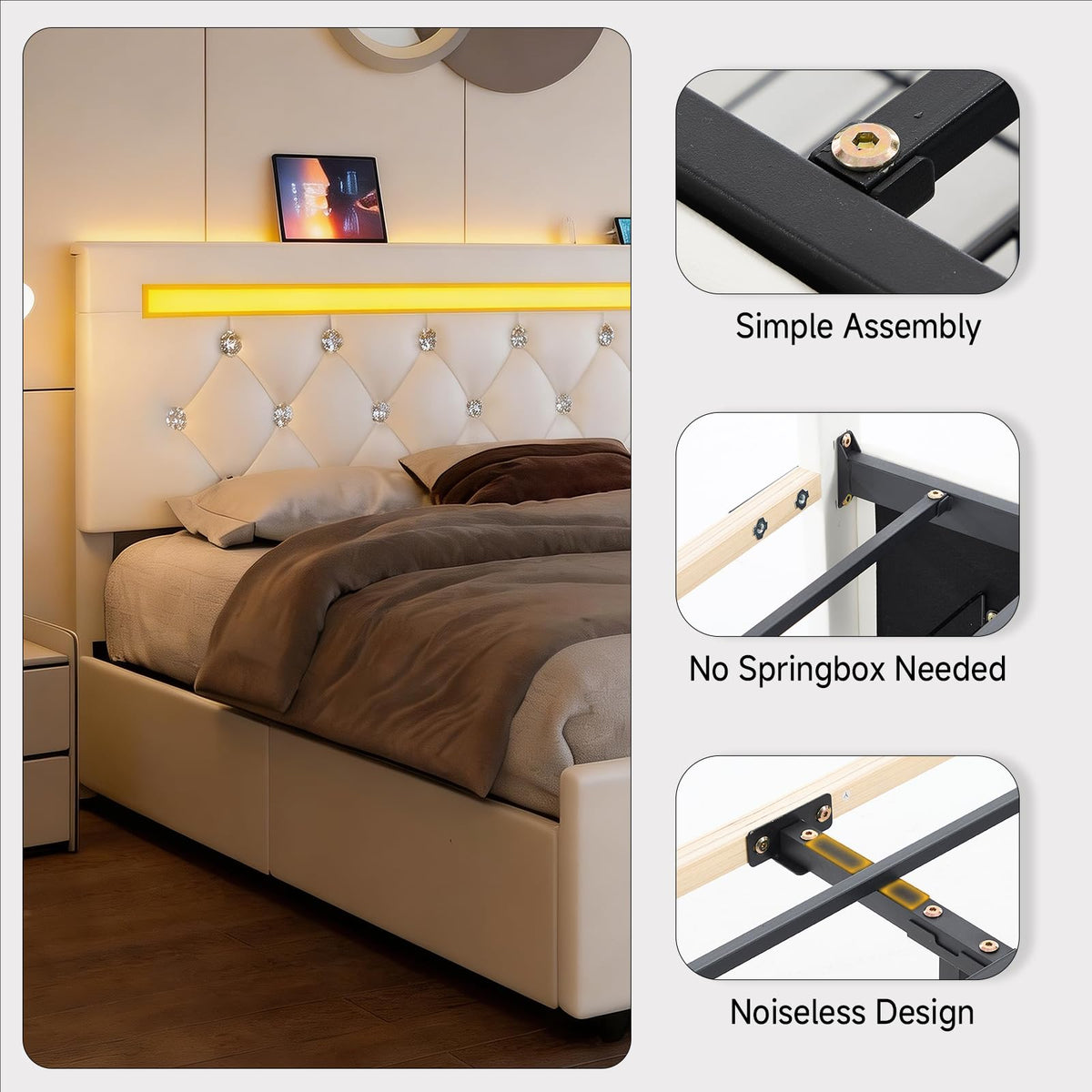 White Full Size Storage Bed with 4 Drawers and Adjustable Headboard I980480