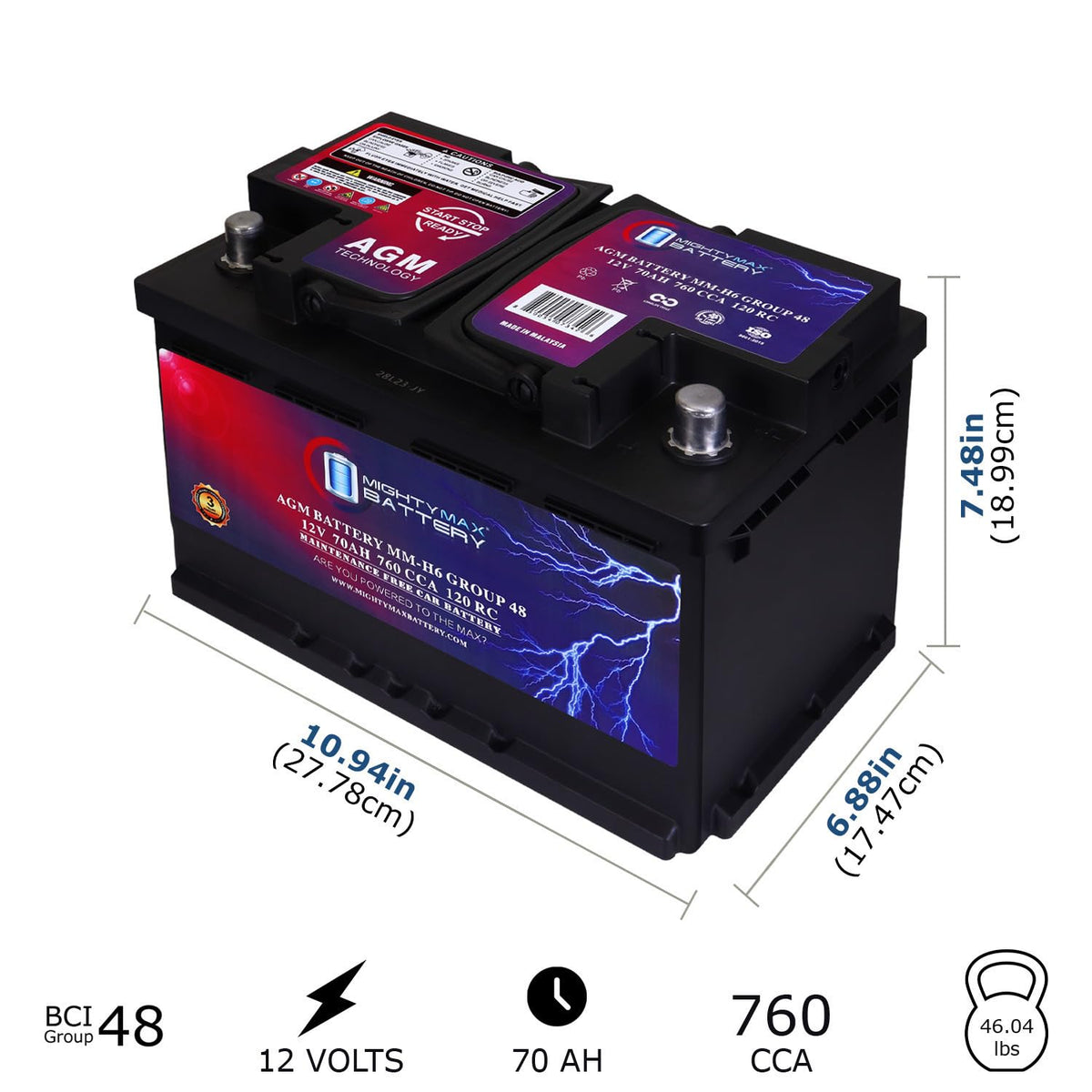 12V 70 AH AGM Car Battery J793347
