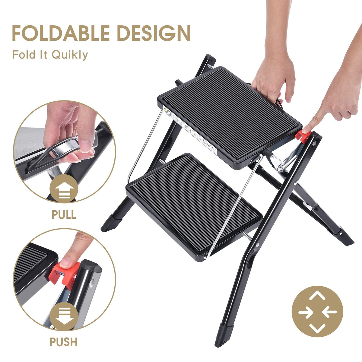Folding Step Ladder, 2 Step Step Stool with Handle, Black X532