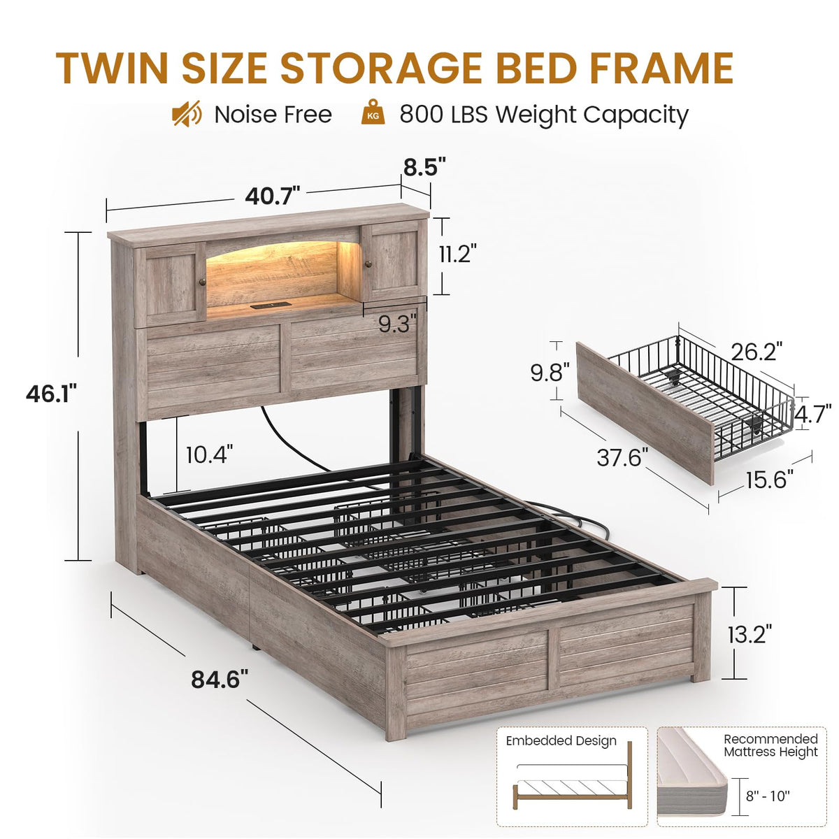 Twin Size Wood Platform Bed Frame with Bookcase Storage Headboard and 4 Drawers Z2816