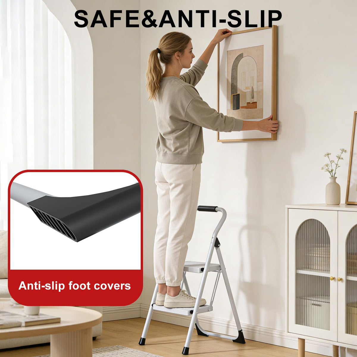 2 Step Ladder Lightweight Folding Step Stool with Handrail White F5374