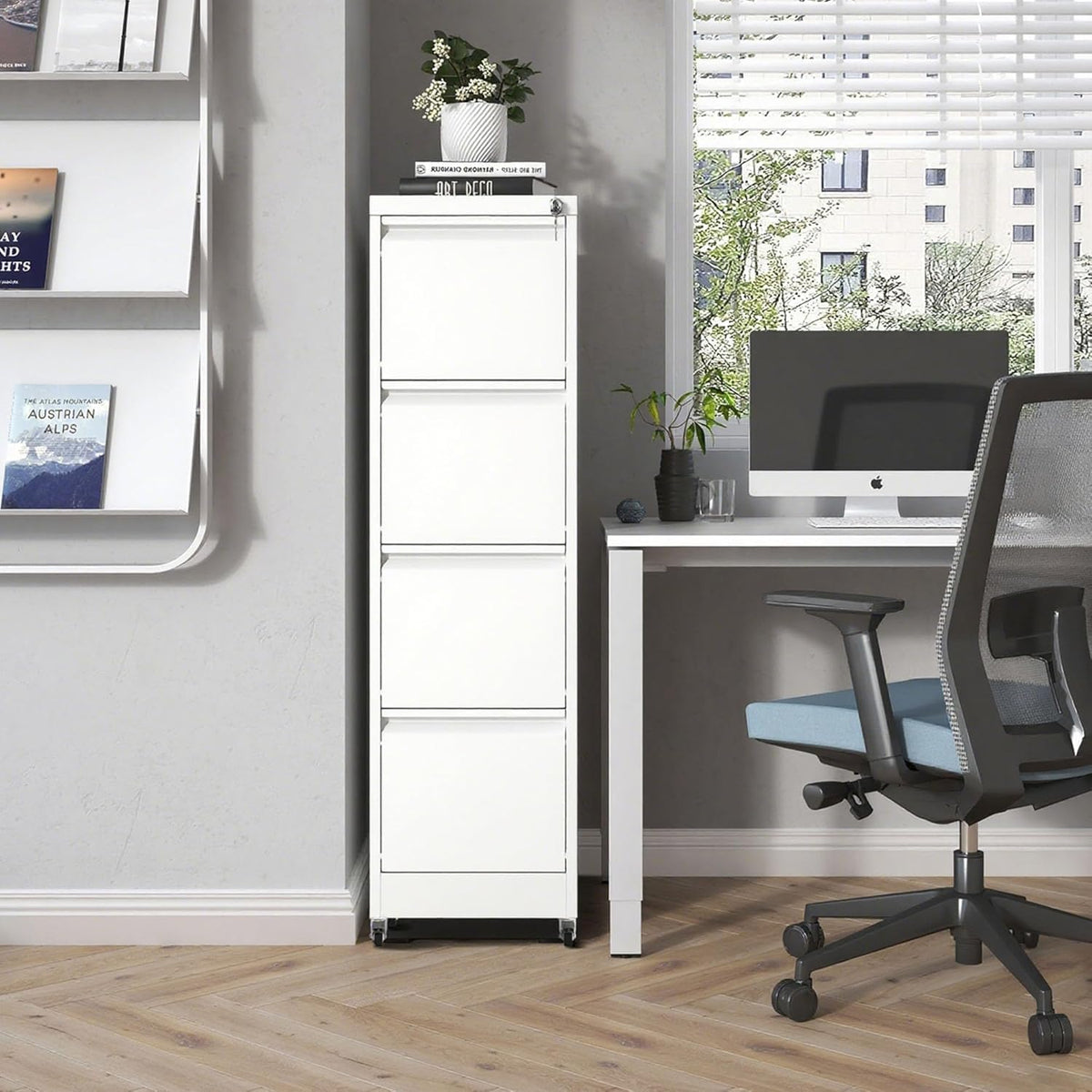 White 4 Drawer Metal File Cabinet with Wheels S93142