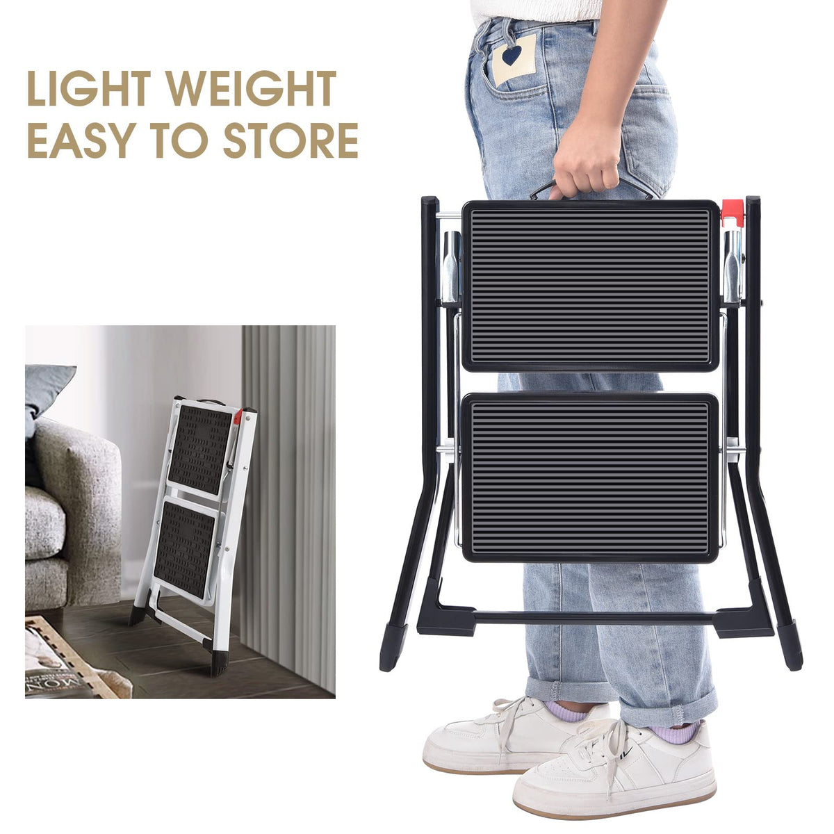 Folding Step Ladder, 2 Step Step Stool with Handle, Black X532