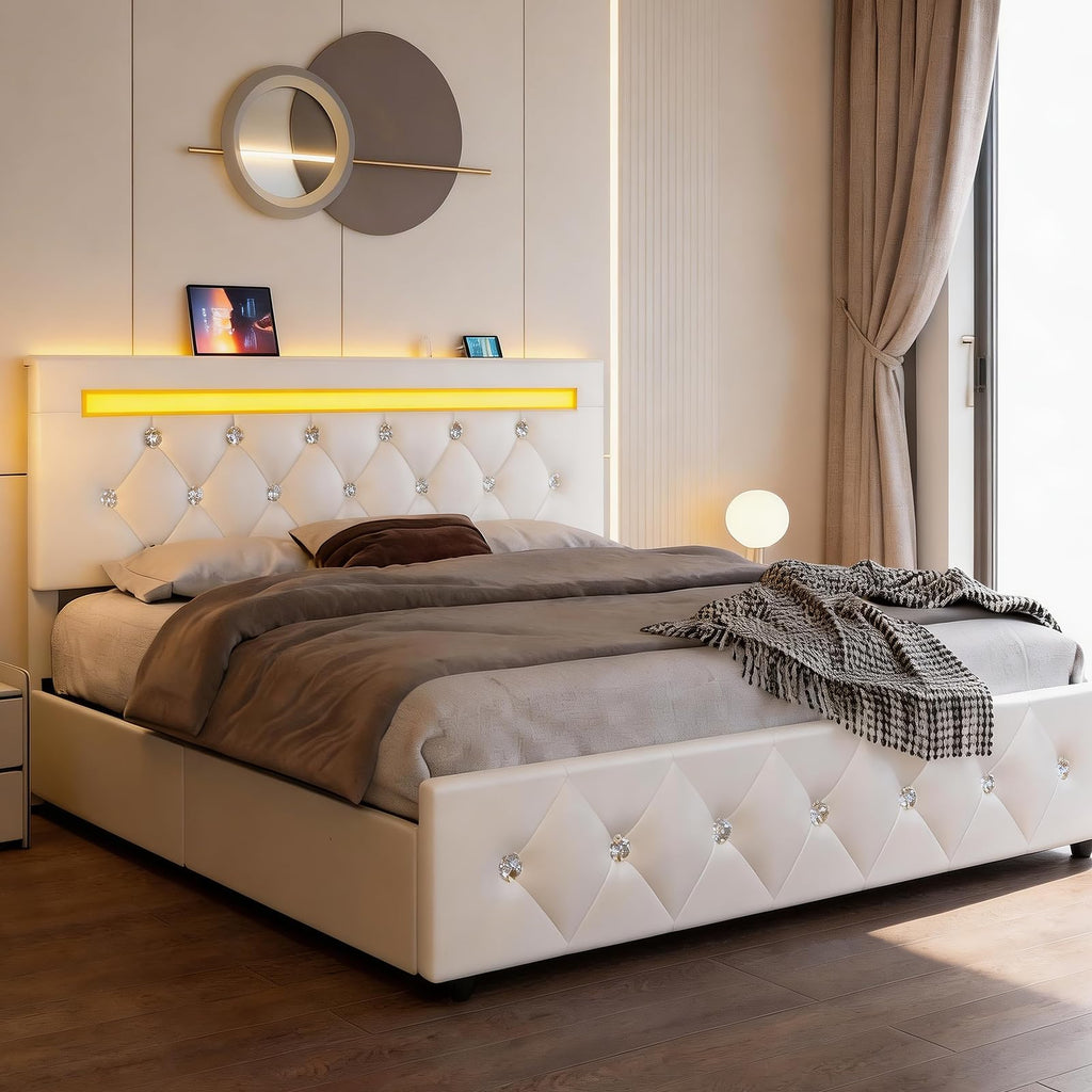 White Full Size Storage Bed with 4 Drawers and Adjustable Headboard I980480