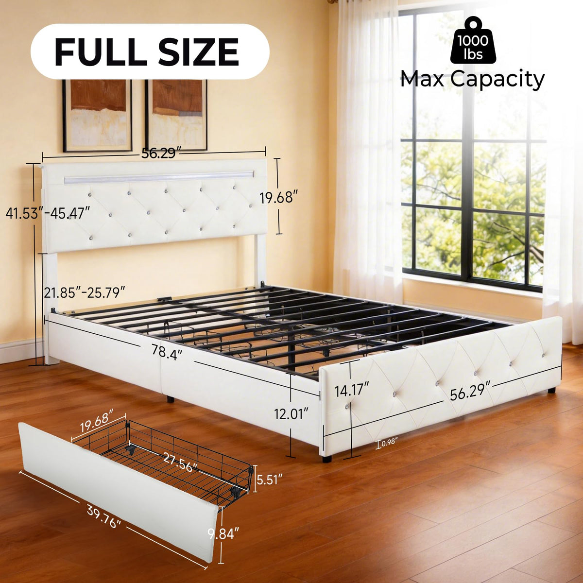 White Full Size Storage Bed with 4 Drawers and Adjustable Headboard I980480