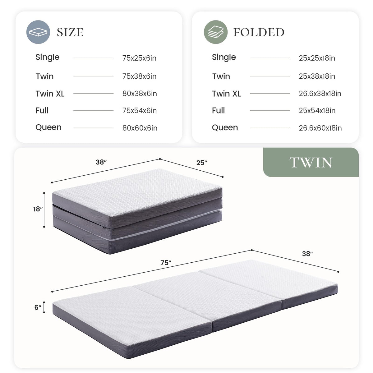 Twin Trifold Memory Foam Mattress with Washable Cover H9919