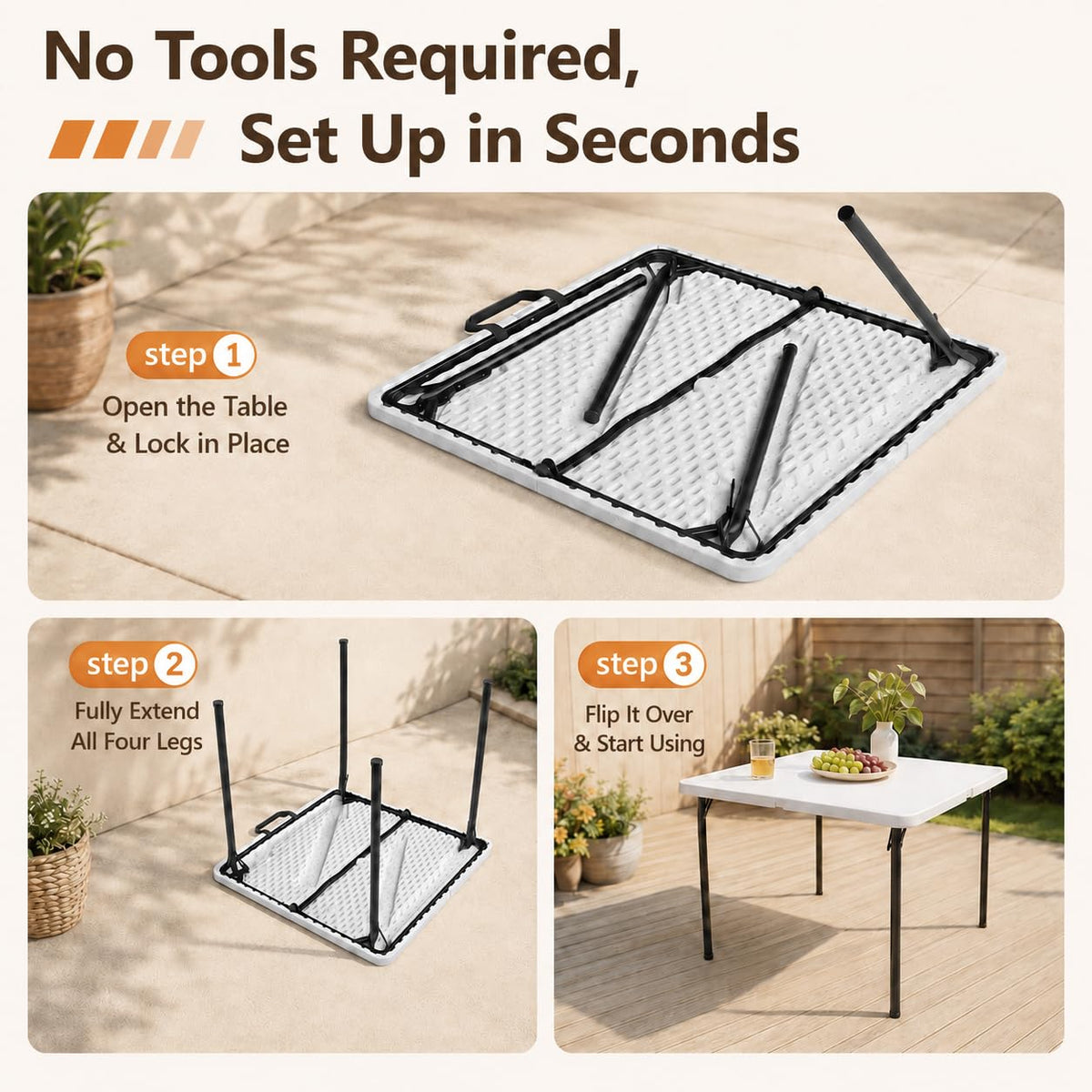 36" White Folding Table with Built-in Handle W1916