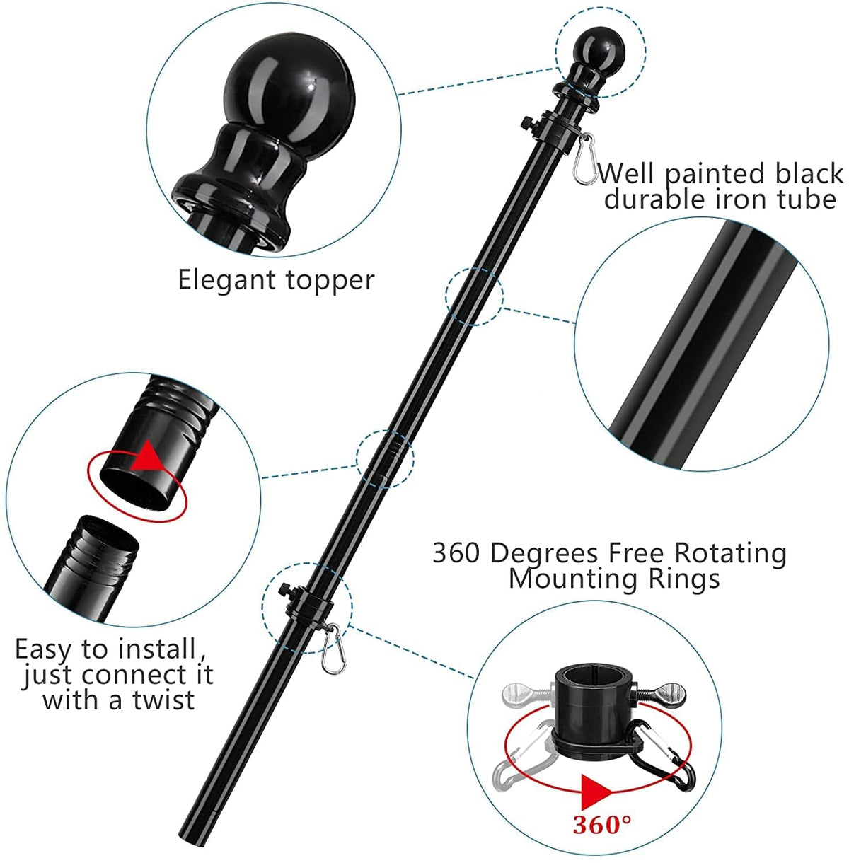 5ft Tangle Free Flag Pole Kit with 3x5 US Flag Q47238