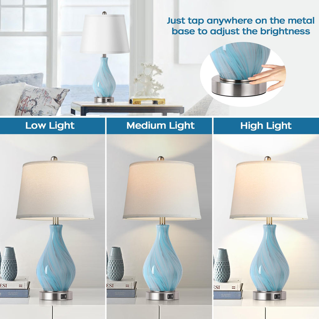 Set of 2 Touch Control Art Glass Table Lamp with USB Ports H735