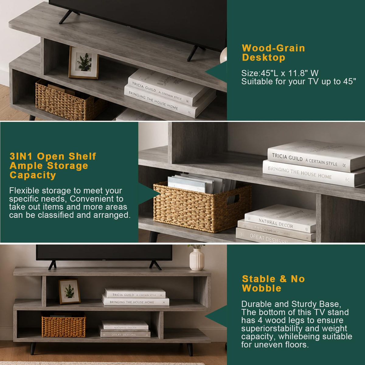 45 inch Light Grey TV Stand with 3-Tier Open Storage Shelves L767024