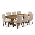 9-piece Dining Table Set with 8 Light Tan Linen Fabric Chairs S7511