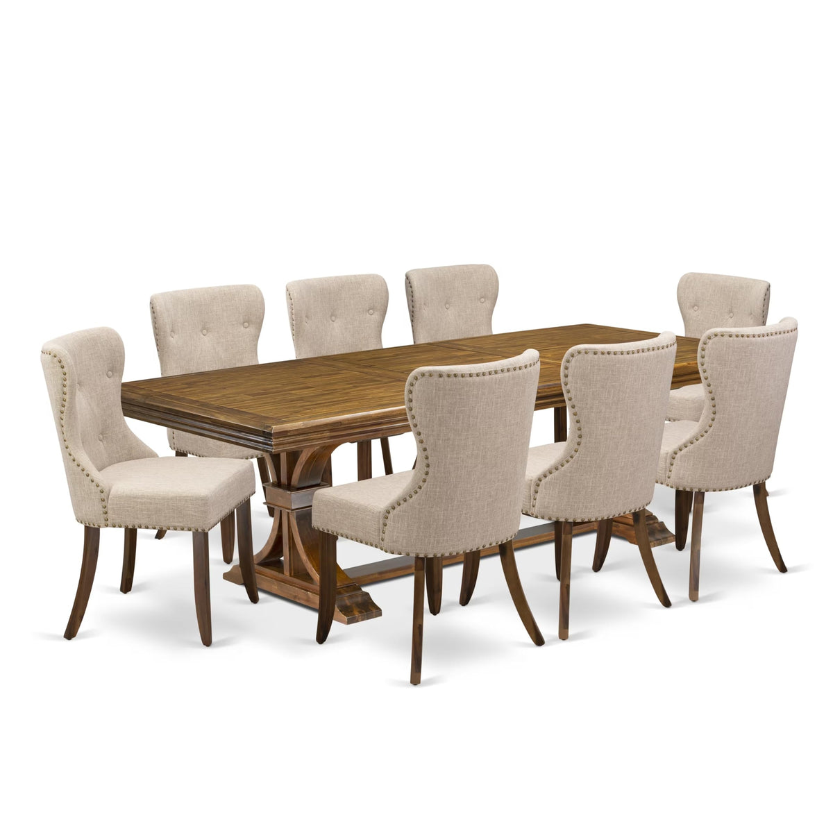 9-piece Dining Table Set with 8 Light Tan Linen Fabric Chairs S7511