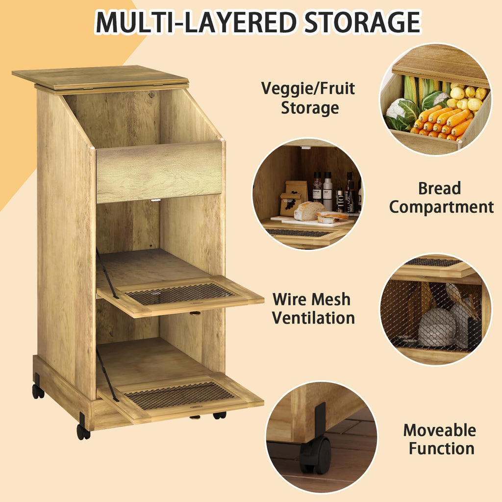 Brown Wooden Potato Storage Bin with Wheel E155
