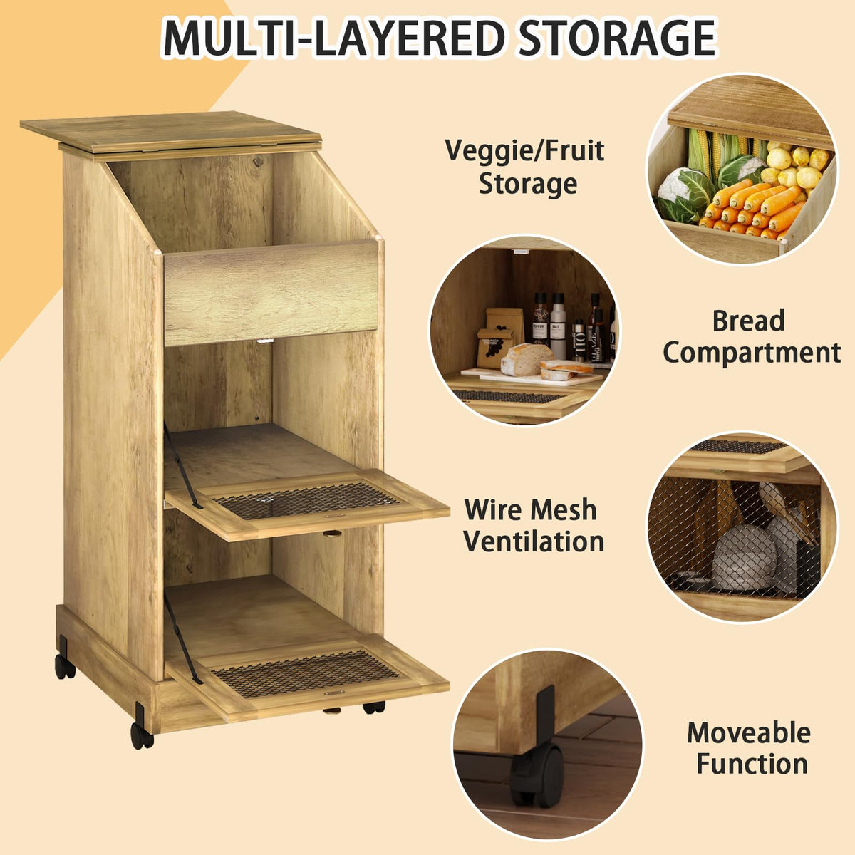 Brown Wooden Potato Storage Bin with Wheel E155